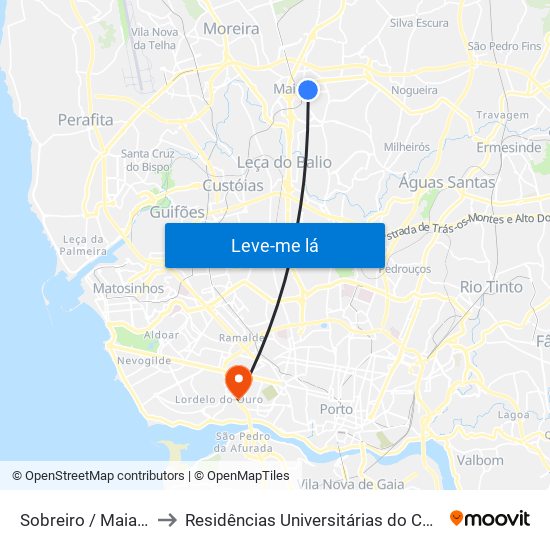 Sobreiro / Maia (Plaza) to Residências Universitárias do Campo Alegre I map