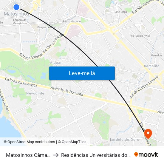 Matosinhos Câmara (Matc1) to Residências Universitárias do Campo Alegre I map