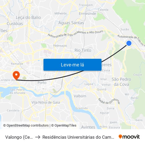 Valongo (Centro) to Residências Universitárias do Campo Alegre I map