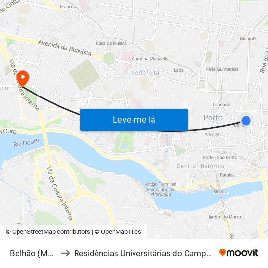 Bolhão (Metro) to Residências Universitárias do Campo Alegre I map