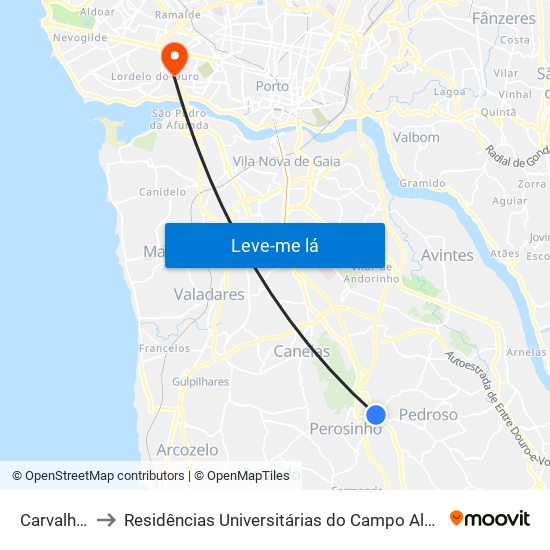 Carvalhos to Residências Universitárias do Campo Alegre I map