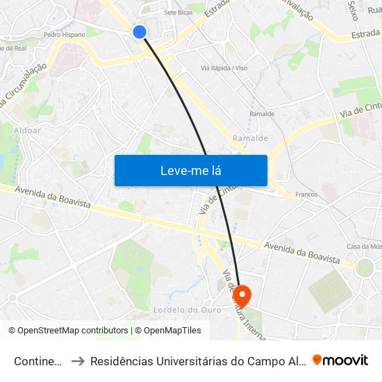 Continente to Residências Universitárias do Campo Alegre I map