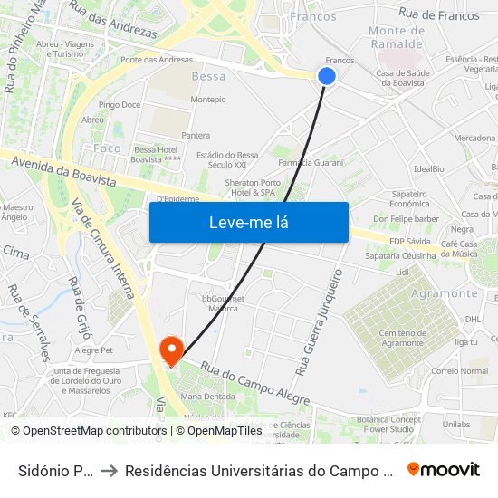 Sidónio Pais to Residências Universitárias do Campo Alegre I map