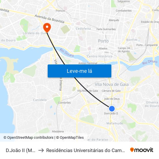 D.João II (Metro) to Residências Universitárias do Campo Alegre I map