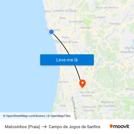 Matosinhos (Praia) to Campo de Jogos de Sanfins map