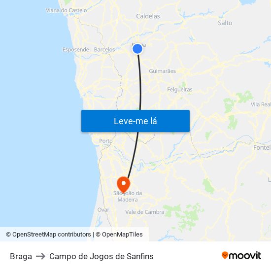 Braga to Campo de Jogos de Sanfins map