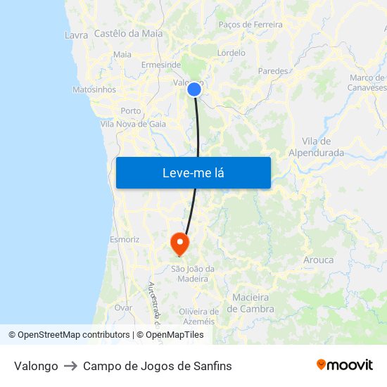 Valongo to Campo de Jogos de Sanfins map