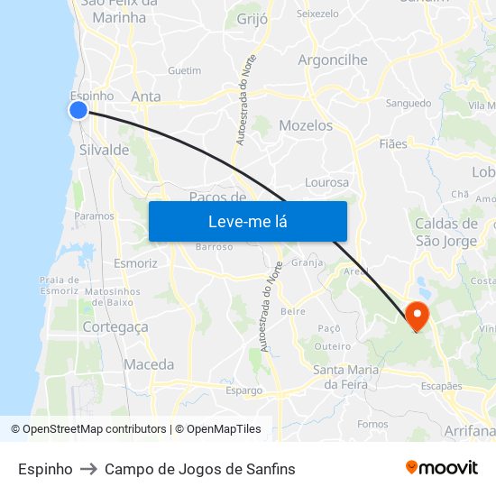 Espinho to Campo de Jogos de Sanfins map