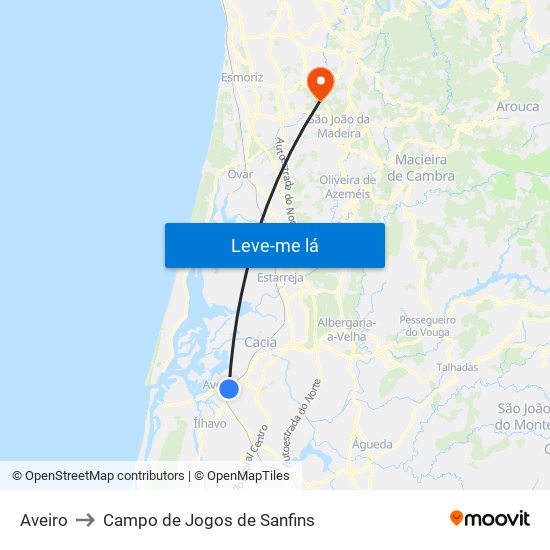 Aveiro to Campo de Jogos de Sanfins map