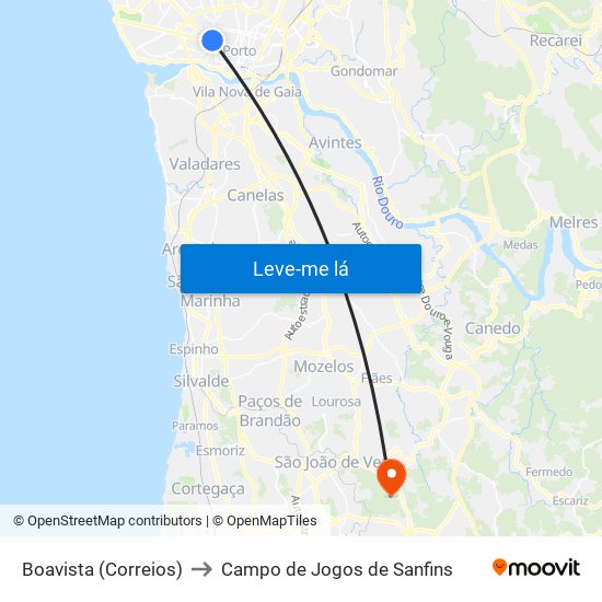 Boavista (Correios) to Campo de Jogos de Sanfins map