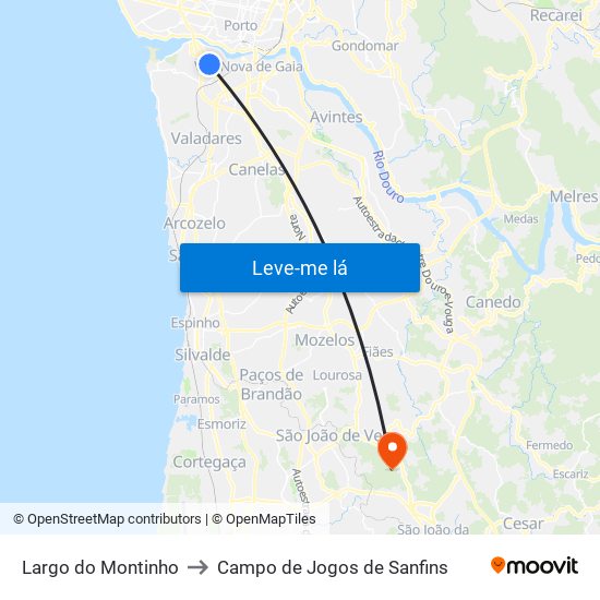 Largo do Montinho to Campo de Jogos de Sanfins map