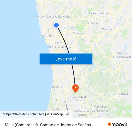 Maia (Câmara) to Campo de Jogos de Sanfins map