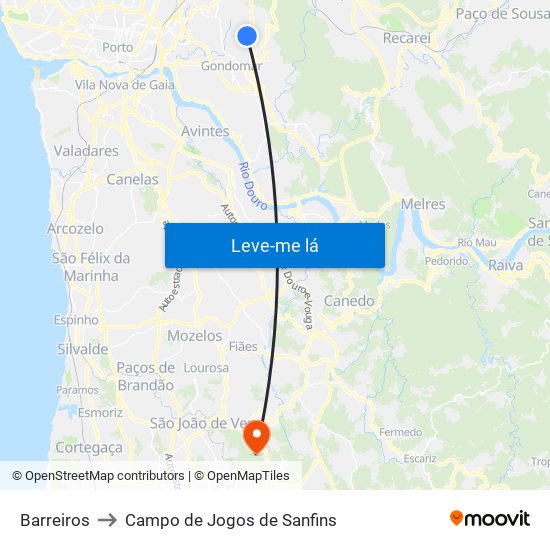 Barreiros to Campo de Jogos de Sanfins map