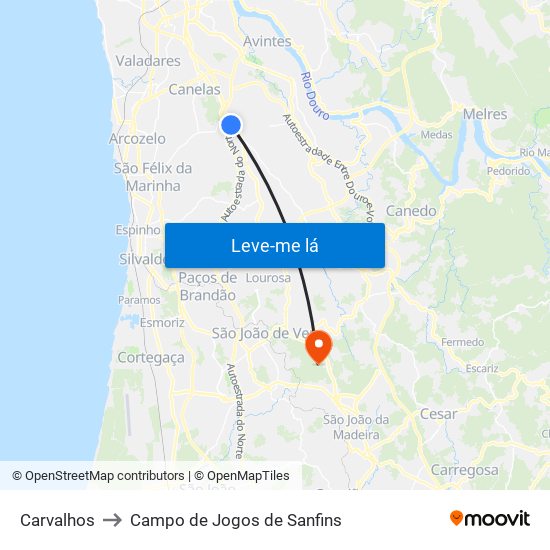 Carvalhos to Campo de Jogos de Sanfins map