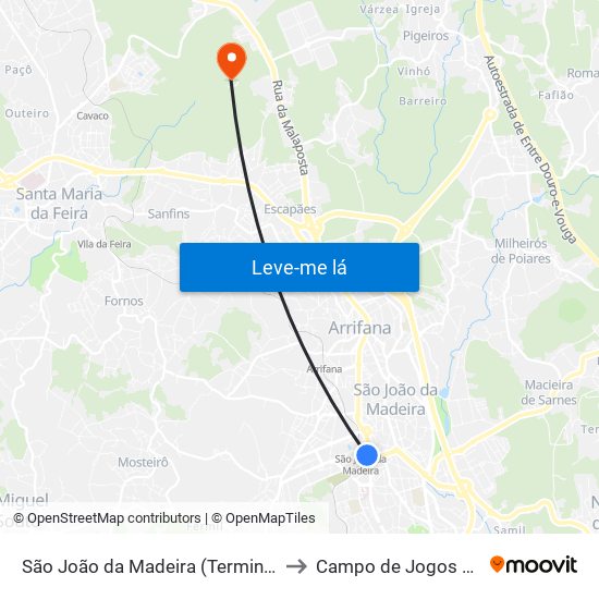 São João da Madeira (Terminal Rodoviário) to Campo de Jogos de Sanfins map