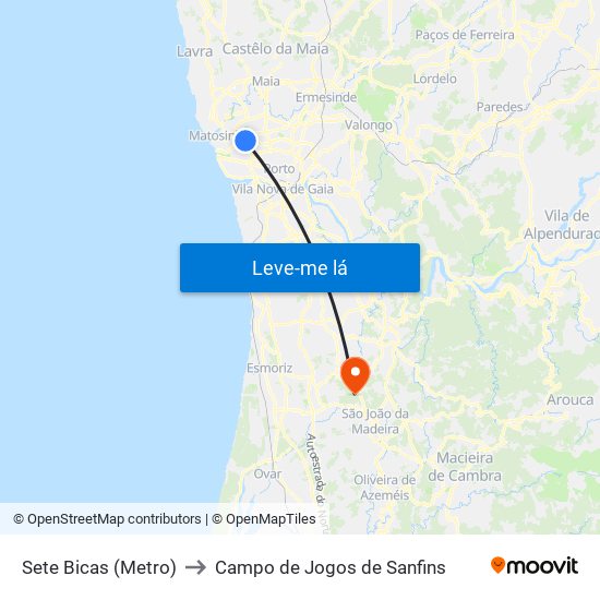 Sete Bicas (Metro) to Campo de Jogos de Sanfins map