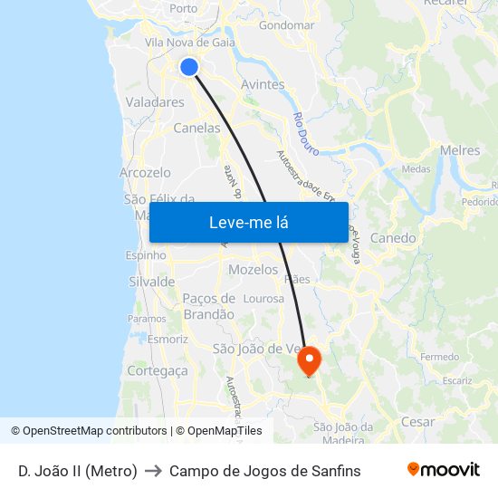 D. João II (Metro) to Campo de Jogos de Sanfins map