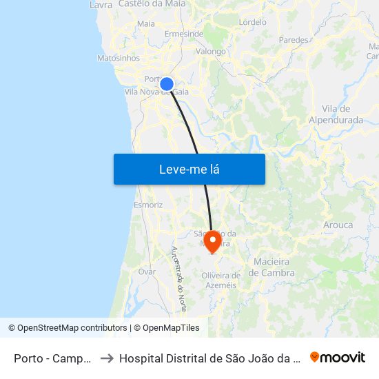 Porto - Campanhã to Hospital Distrital de São João da Madeira map