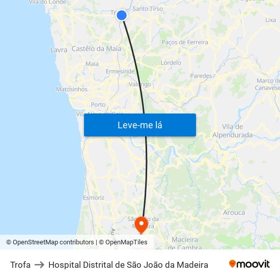 Trofa to Hospital Distrital de São João da Madeira map