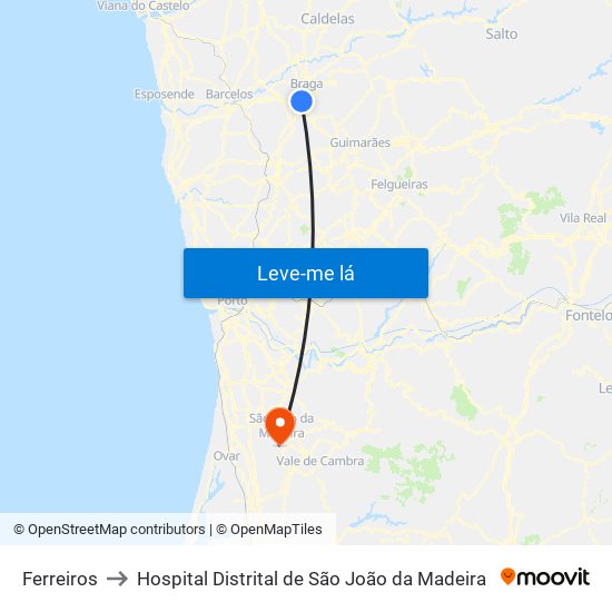 Ferreiros to Hospital Distrital de São João da Madeira map