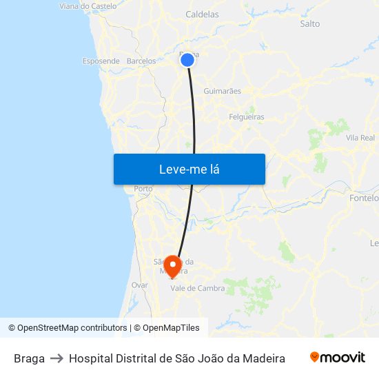 Braga to Hospital Distrital de São João da Madeira map