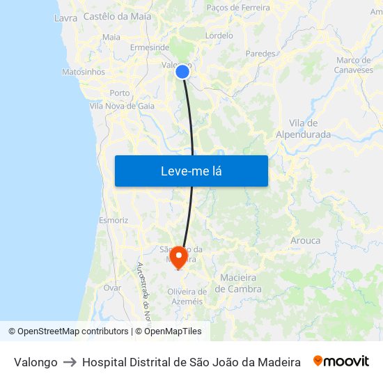 Valongo to Hospital Distrital de São João da Madeira map