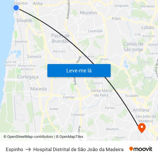 Espinho to Hospital Distrital de São João da Madeira map