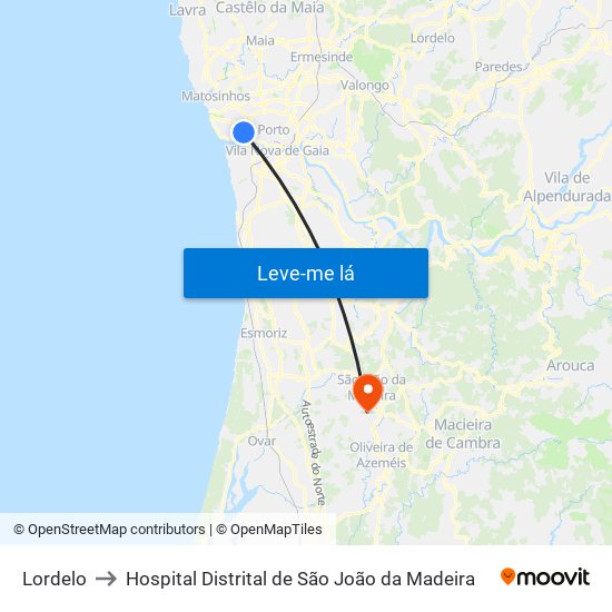 Lordelo to Hospital Distrital de São João da Madeira map