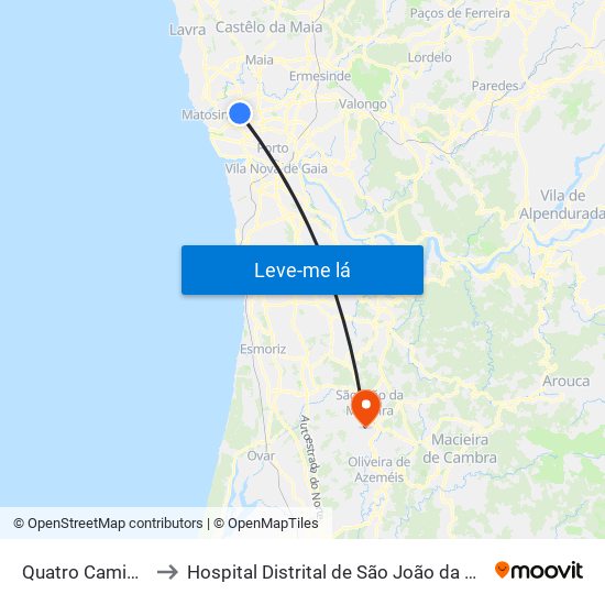 Quatro Caminhos to Hospital Distrital de São João da Madeira map