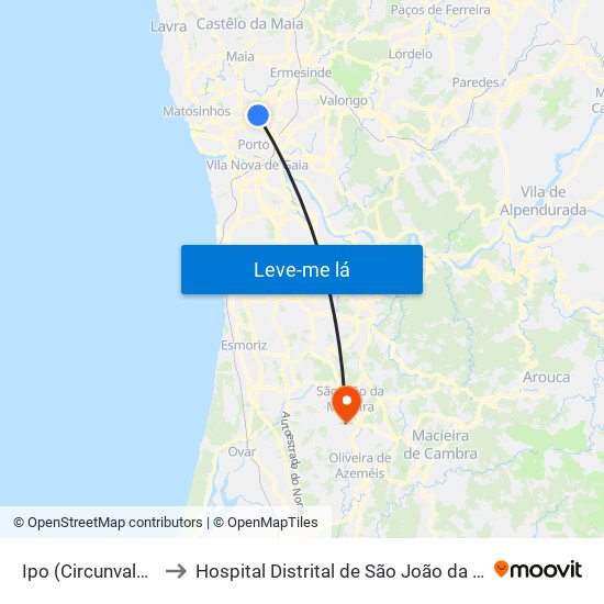 Ipo (Circunvalação) to Hospital Distrital de São João da Madeira map