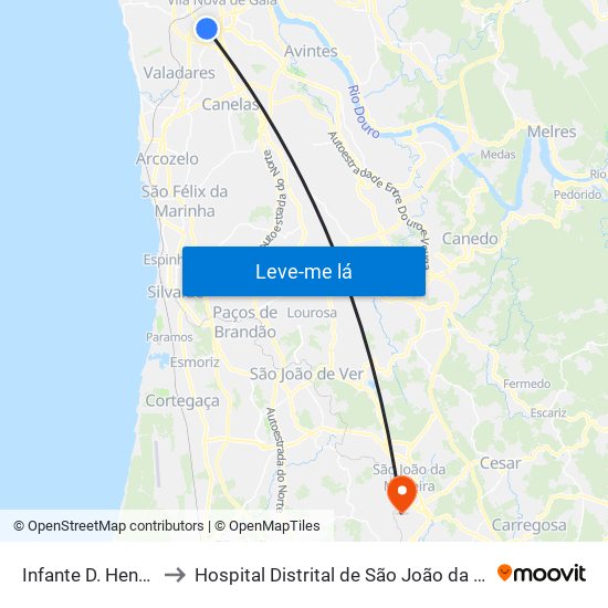 Infante D. Henrique to Hospital Distrital de São João da Madeira map
