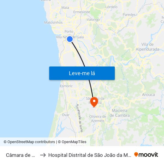 Câmara de Gaia to Hospital Distrital de São João da Madeira map