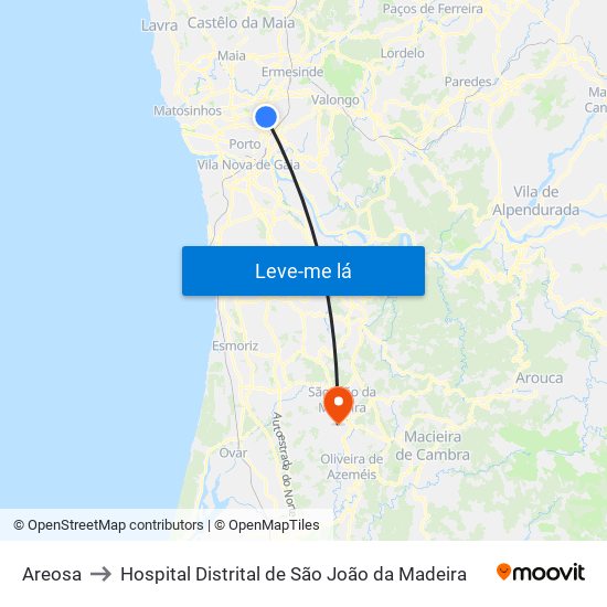 Areosa to Hospital Distrital de São João da Madeira map