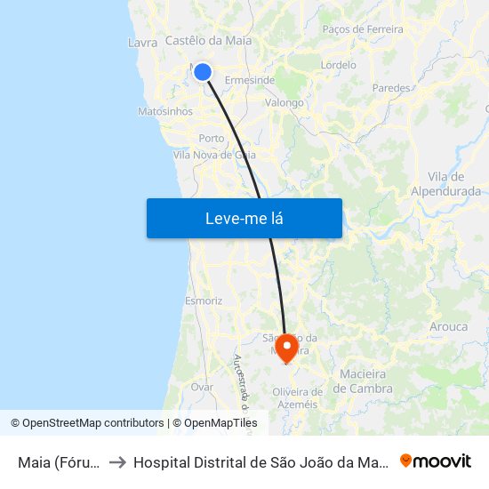 Maia (Fórum) to Hospital Distrital de São João da Madeira map