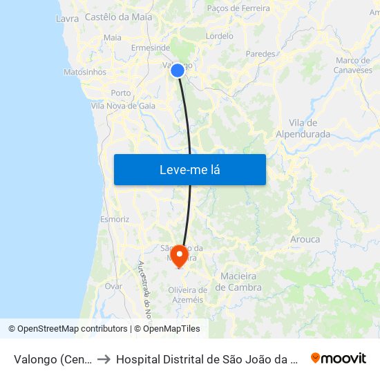 Valongo (Centro) to Hospital Distrital de São João da Madeira map