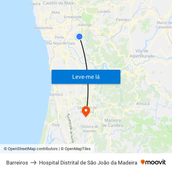 Barreiros to Hospital Distrital de São João da Madeira map