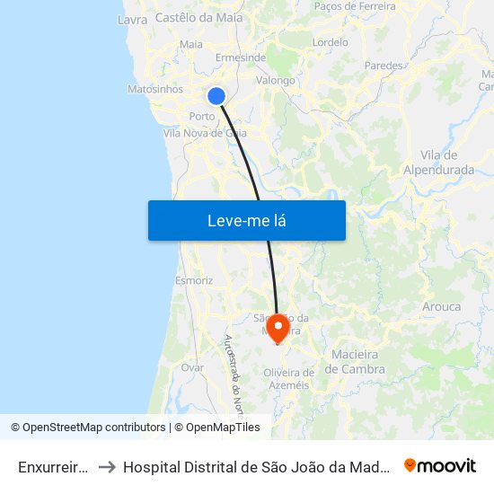 Enxurreiras to Hospital Distrital de São João da Madeira map