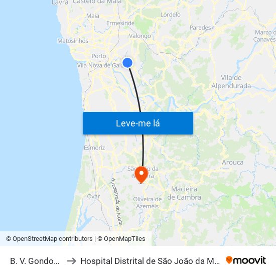 B. V. Gondomar to Hospital Distrital de São João da Madeira map