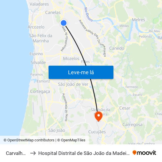 Carvalhos to Hospital Distrital de São João da Madeira map