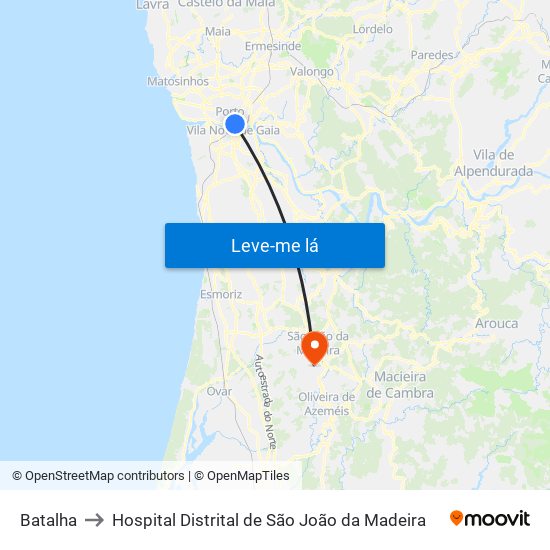 Batalha to Hospital Distrital de São João da Madeira map