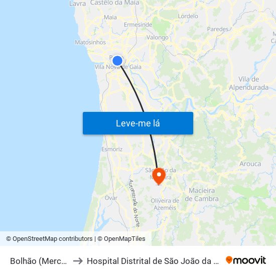 Bolhão (Mercado) to Hospital Distrital de São João da Madeira map
