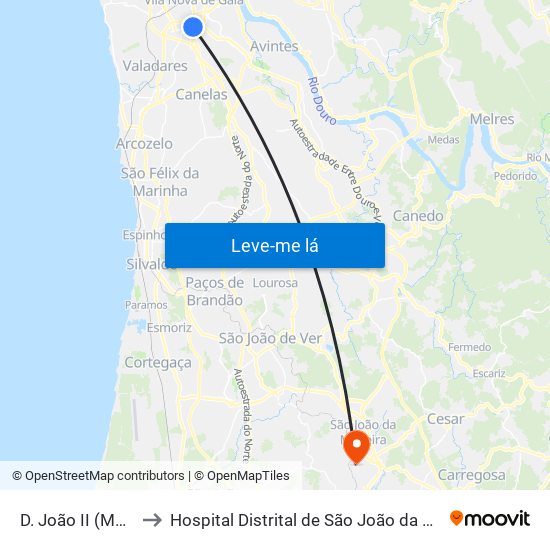 D. João II (Metro) to Hospital Distrital de São João da Madeira map