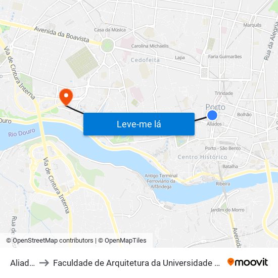 Aliados to Faculdade de Arquitetura da Universidade do Porto map