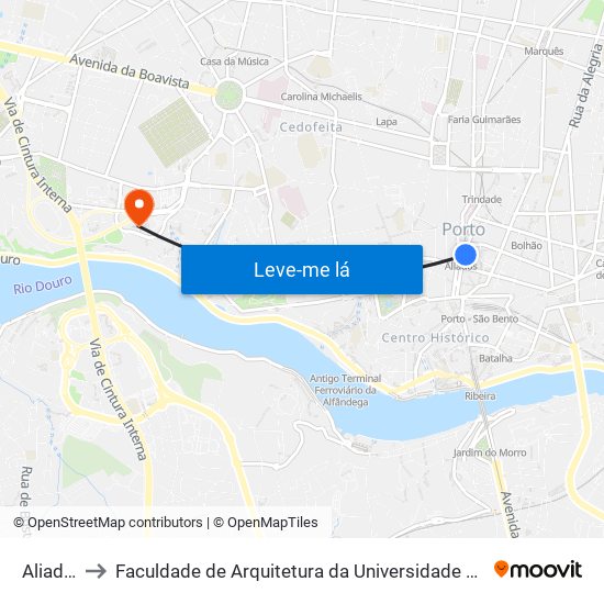 Aliados to Faculdade de Arquitetura da Universidade do Porto map