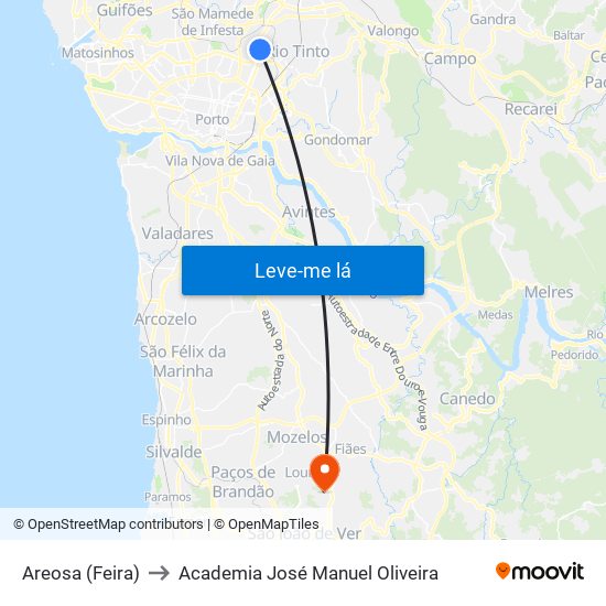Areosa (Feira) to Academia José Manuel Oliveira map