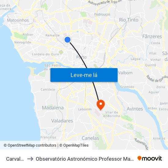 Carvalhido to Observatório Astronómico Professor Manuel de Barros map