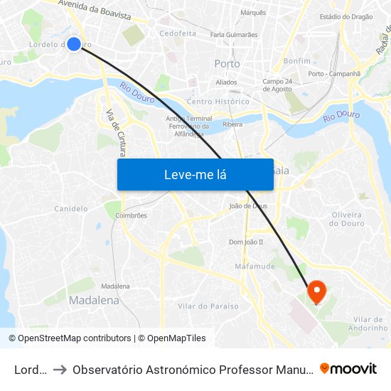 Lordelo to Observatório Astronómico Professor Manuel de Barros map