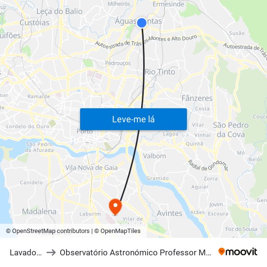 Lavadouros to Observatório Astronómico Professor Manuel de Barros map