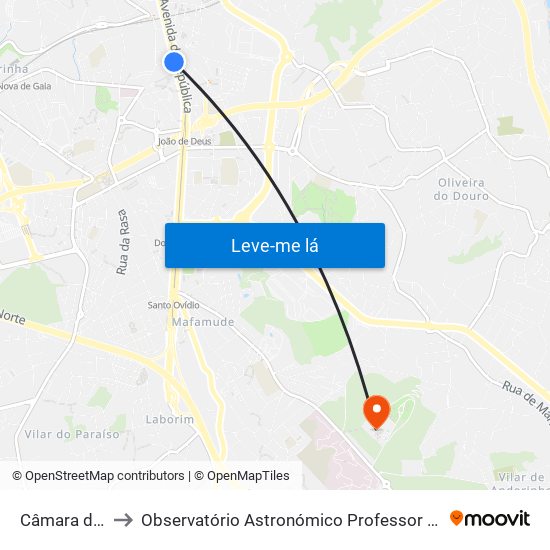 Câmara de Gaia to Observatório Astronómico Professor Manuel de Barros map