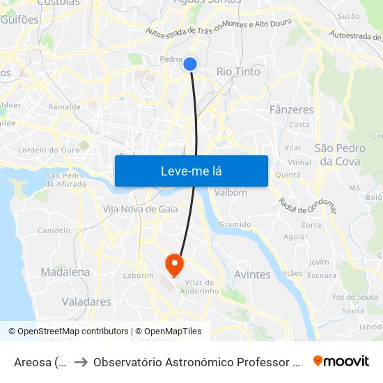 Areosa (Feira) to Observatório Astronómico Professor Manuel de Barros map